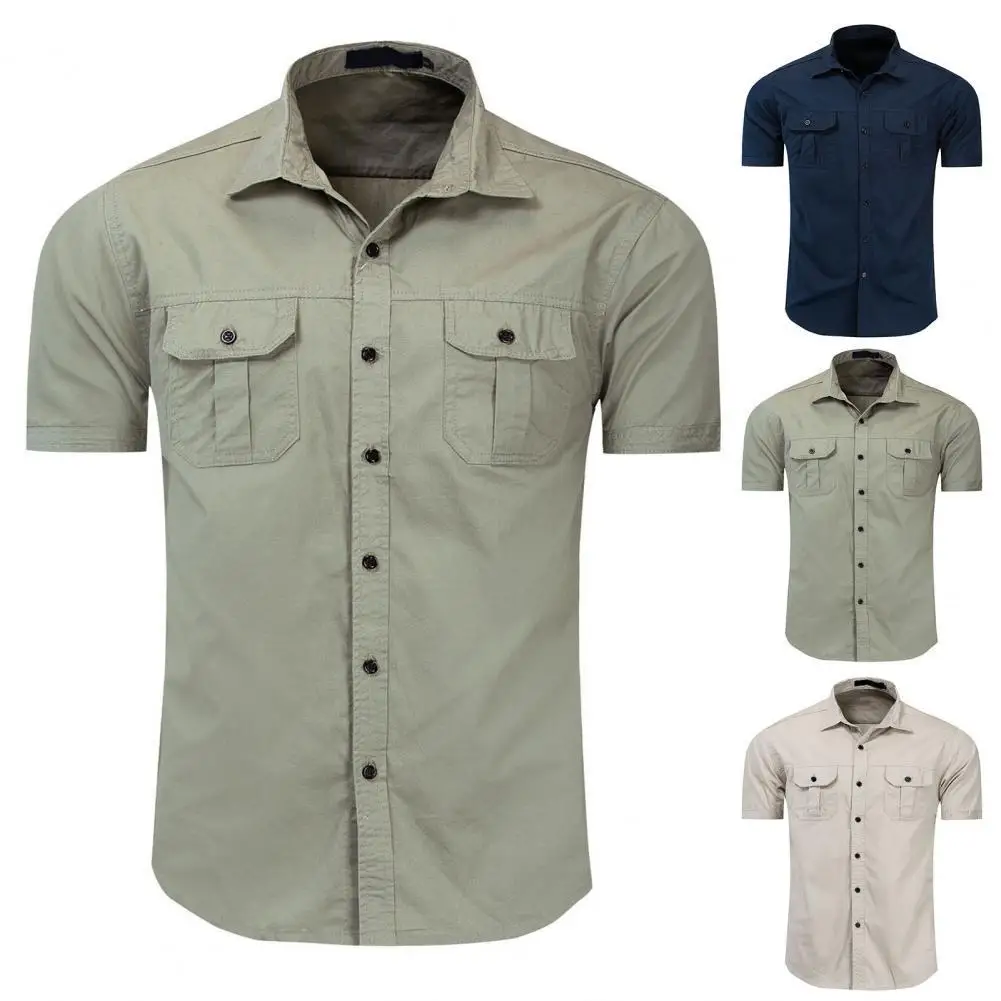 Men Shirt Solid Color Convenient Multi Pockets Single-breasted Cargo Shirts for Daily Wear