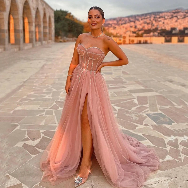 

Blush Pink Beaded Prom Dress with Side Slit Sexy Sweetheart A Line Pleated Puffy Tulle Corset Party Evening Gowns 2023