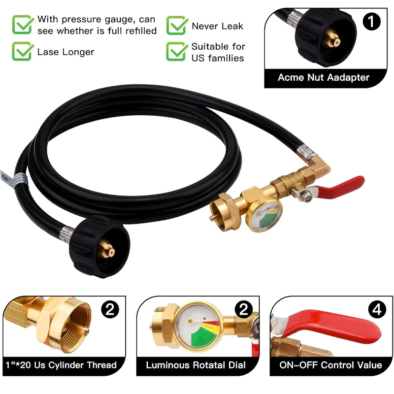 Gas Appliances Cylinder Conversion Head Tank Air Pipe Propane Refill Adapter Hose with Pressure Gauge And ON/Off Control Valve