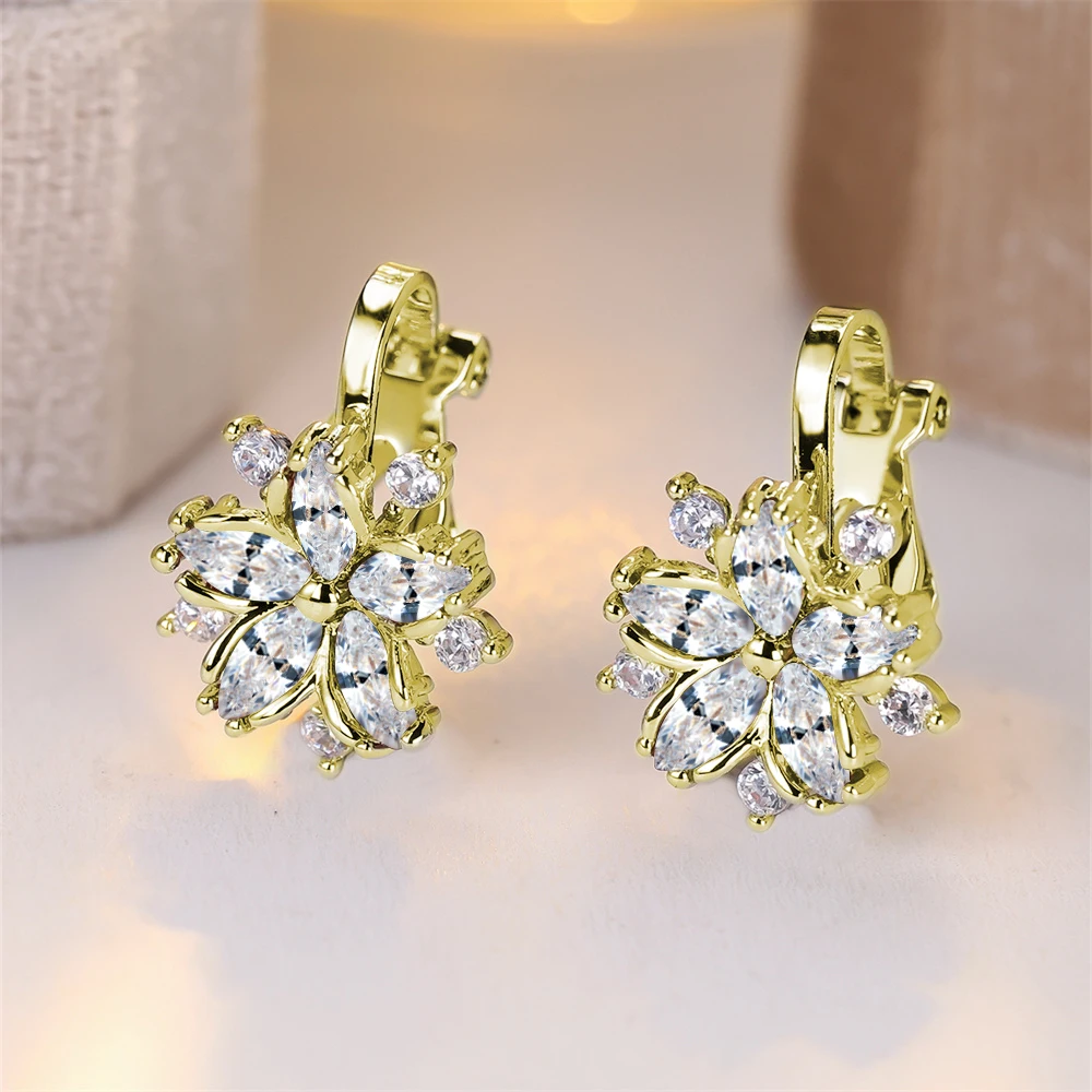 Rainbow Crystal Sakura Clip Earring Multicolor Zircon Star Flower Earrings For Women Vintage Gold Silver Color Wedding Jewelry
