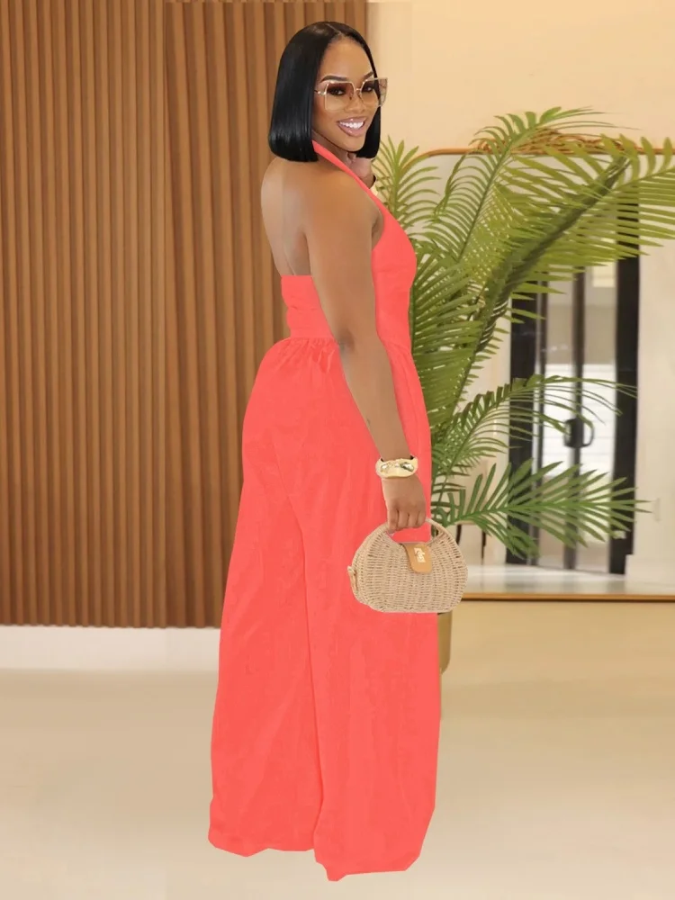 Wmstar 2025 New Women Summer Jumpsuits Fashionable Women Casual Loose Backless Halter Neck Solid Color Jumpsuit Sleeveless