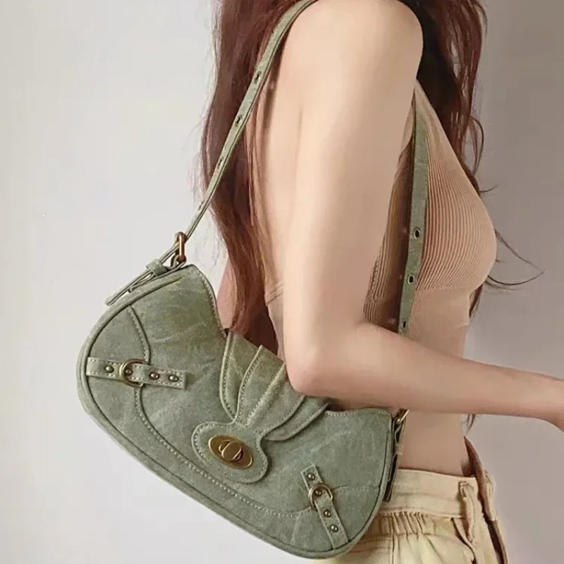 Bolso Bandolera Hobo De Lona Y2k - Estilo Hippie, Verde Militar, Unisex Para Escuela O Día A Día
