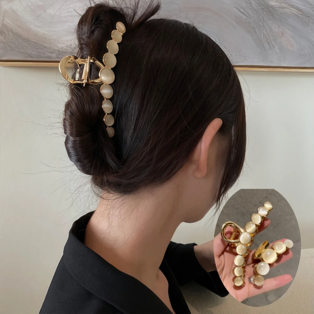 Metall Perle Haar Clip Pins Für Frauen Elegante Opal Stein Haar Klaue Geometrische Hohl Haarnadeln Vintage Haarspange Haar Zubehör