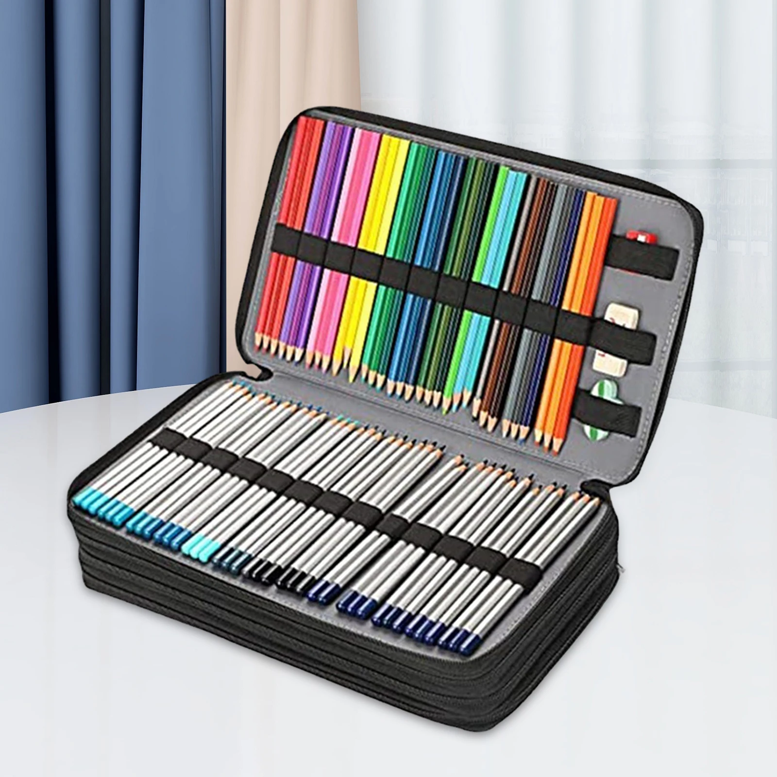 Large Capacity 300 Slots Colored Pencil Organizer Colouring Pencils Organizer Zipper 4 Layers for Makeup Brushes Stationery