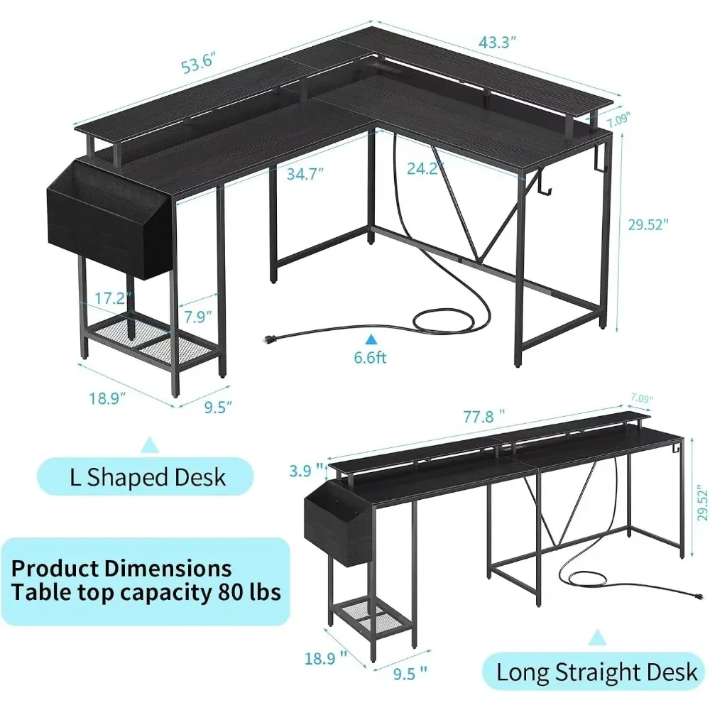 53" L-Shaped Gaming Desk with LED Lights, Power Outlets & Storage - Convertible Home Office Table