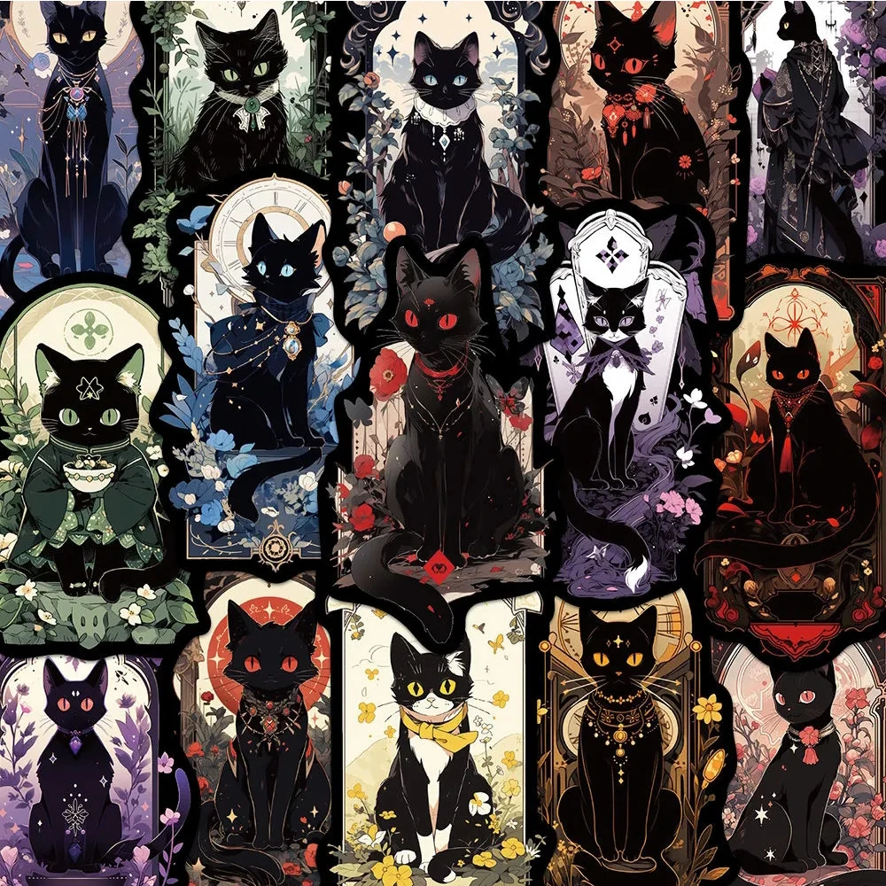 10/30/50pcs Gothic Cat Tarot Card Cartoon Stickers Aesthetic Decals Graffiti Car Skateboard Laptop Phone Sticker Kids DIY Toys 10 30 50pcs boho witchy magic moon gothic stickers apothecary tarot witch astrology decal diy laptop scrapbook phone kid sticker