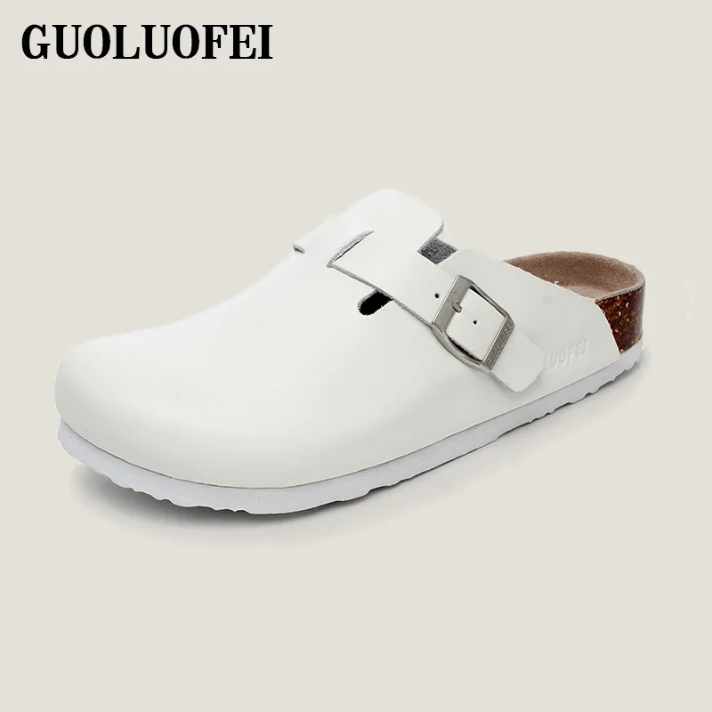 Unisex PU Leather Clogs Adjustable Buckle Slip On Cork Footbed Home Clog Slippers Mules Shoes 4