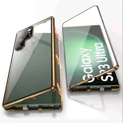 Magnetic 360° Full Protection Metal Case with Double-Sided Buckle and HD Glass Cover for Galaxy S25Ultra (Gold)