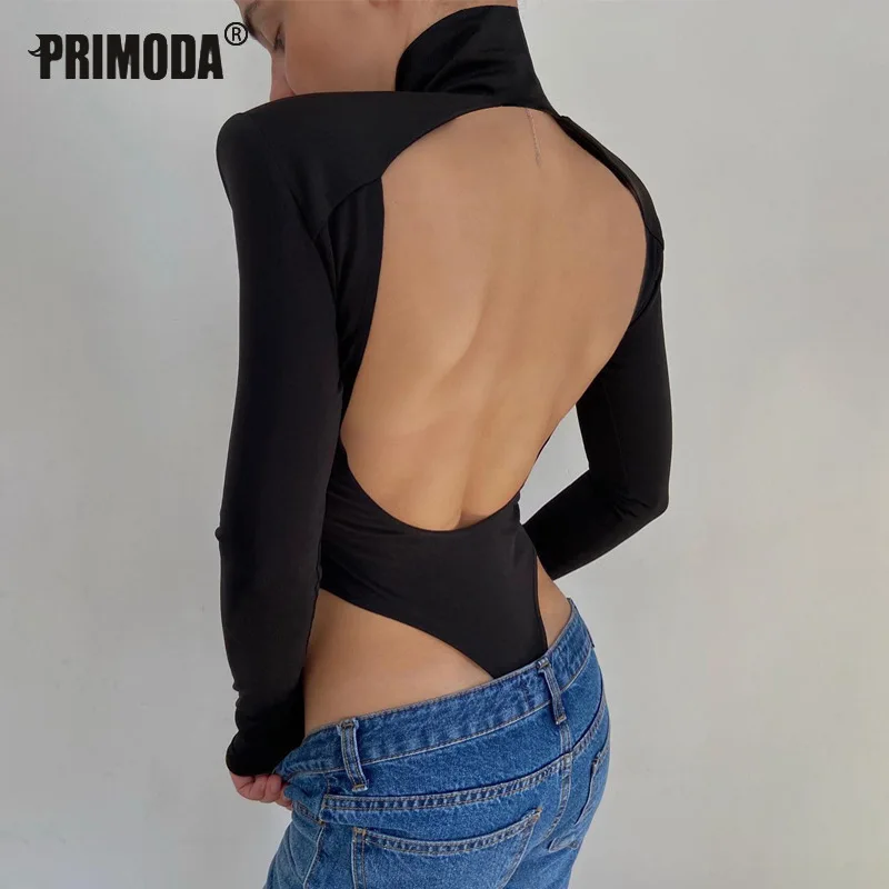 Sexy Turtleneck Backless Bodysuit Women Black White Long Sleeve Rompers Jumpsuits Party Body Suit Shoulder Pads Overalls PR2048G |