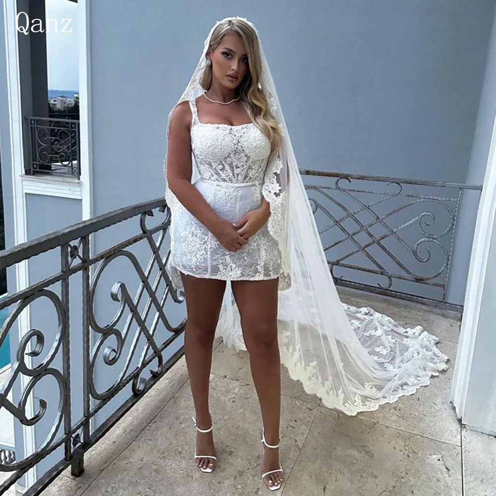 

Qanz Short Lace Wedding Dresses Mini Spaghetti Straps Bridal Gown Corset Back Above Knee Bride Dress Vestidos Verano Moda 2024