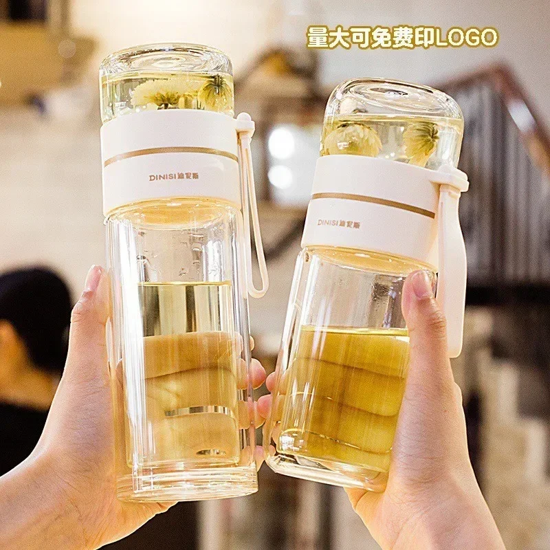 Bottiglia di vetro a doppia parete tazza da tè in vetro borosilicato  trasparente con manico bicchieri da tè indipendenti portatili - AliExpress