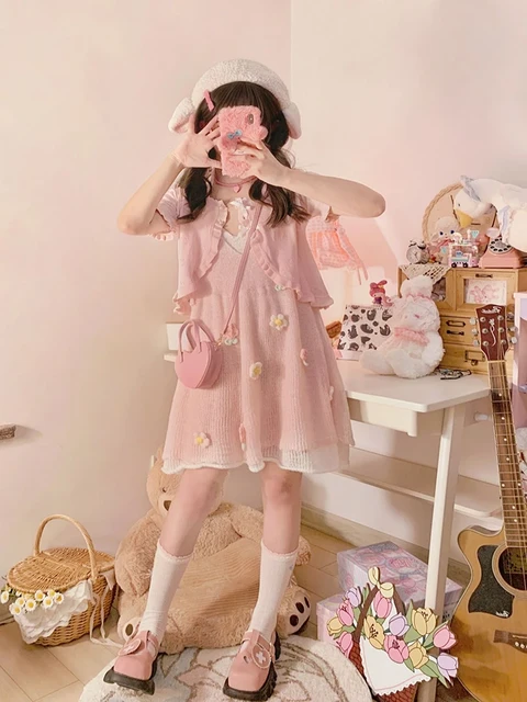 Kawaii Pink Clothes Women, Kawaii Cardigan Set