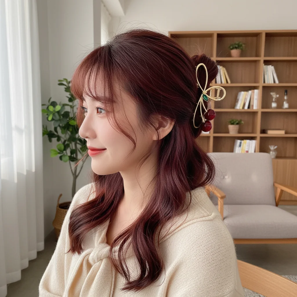 합금 체리 헤어 클로 클립 여성용 대형 골드톤 내구성 있는 디자인 두꺼운 모발에도 강력한 고정력 세련된 헤어 액세서리