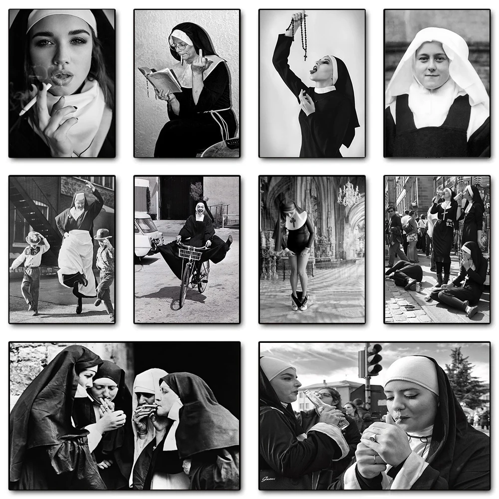 

Black And White Art Smoking Nun Poster Prints For Living Room Home Decor Cool Sister With Gun Canvas Painting Wall Art Cuadros