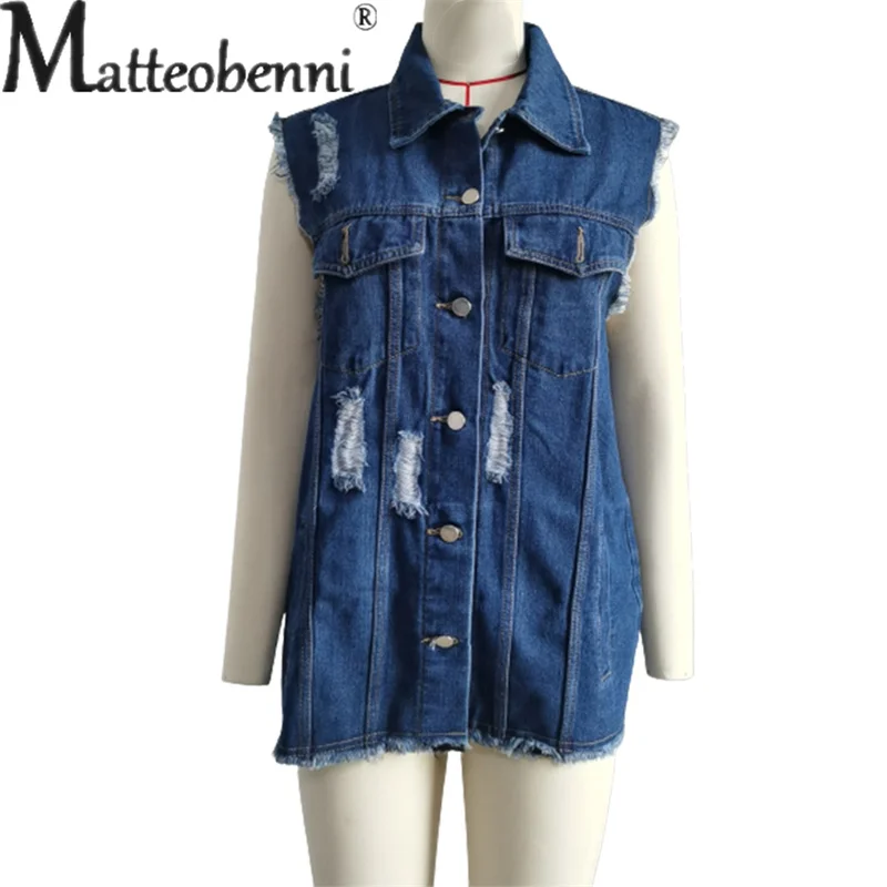 Fashion Broken Holes Shawl Denim Vest Women Single-breasted Splicing Sleeveless Jackets Female Casual Outerwear Trend Streetwear