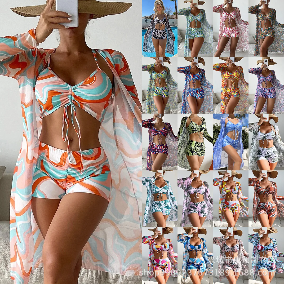 

2023 New Sexy High Waisted Bikini Three Pieces Floral Printed Swimsuit Women Bikini Set with Mesh Long-Sleeved Blouse Size S-3XL