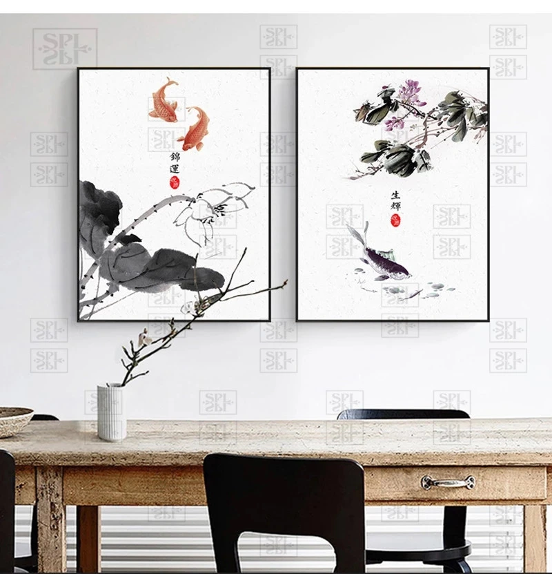 Chinese Watercolor Ink Print Posters Oriental Buddha Lotus Fish Koi Canvas Paintings Bedroom Decoration Wall Art Pictures