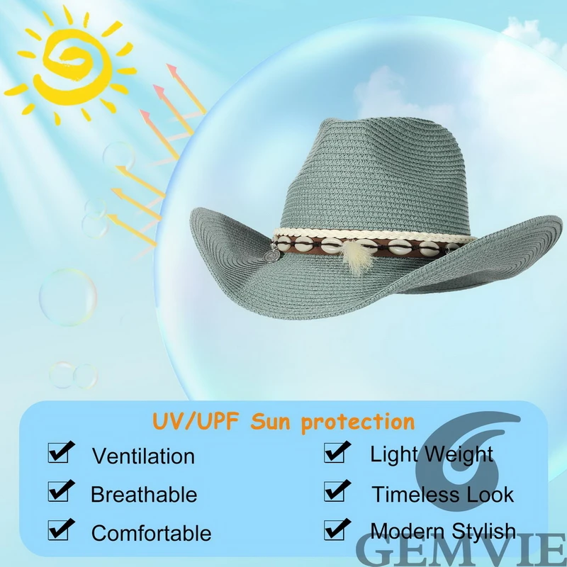 Sun Hat Sun Protection Hat GEMVIE Shell Tassels Cowgirl Summer Hat Straw Hat for Women Men Western Cowboy Lady Trendy Woven Sun Beach Cap
