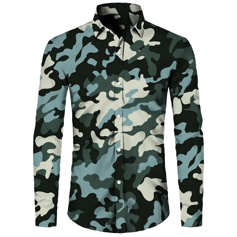 thumbnail image 1 of Camisa de primavera y otoño más nueva para hombre, camiseta de manga larga con estampado 3D de camuflaje, camisa informal con cuello vuelto y botones, camiseta para hombre y mujer, 1 of 5