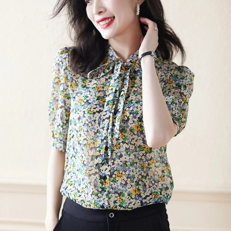 Elegant Printing Butterfly Bow Lace Single-breasted Blouse Women Summer Half Sleeve Casual Office Chiffon Floral Lady Shirt
