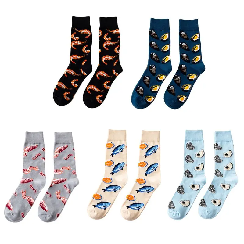Men Women Funny Seafood Series Cotton Socks Colored Shrimp Squid Oysters Salmon Print Harajuku Skateboard Stockings