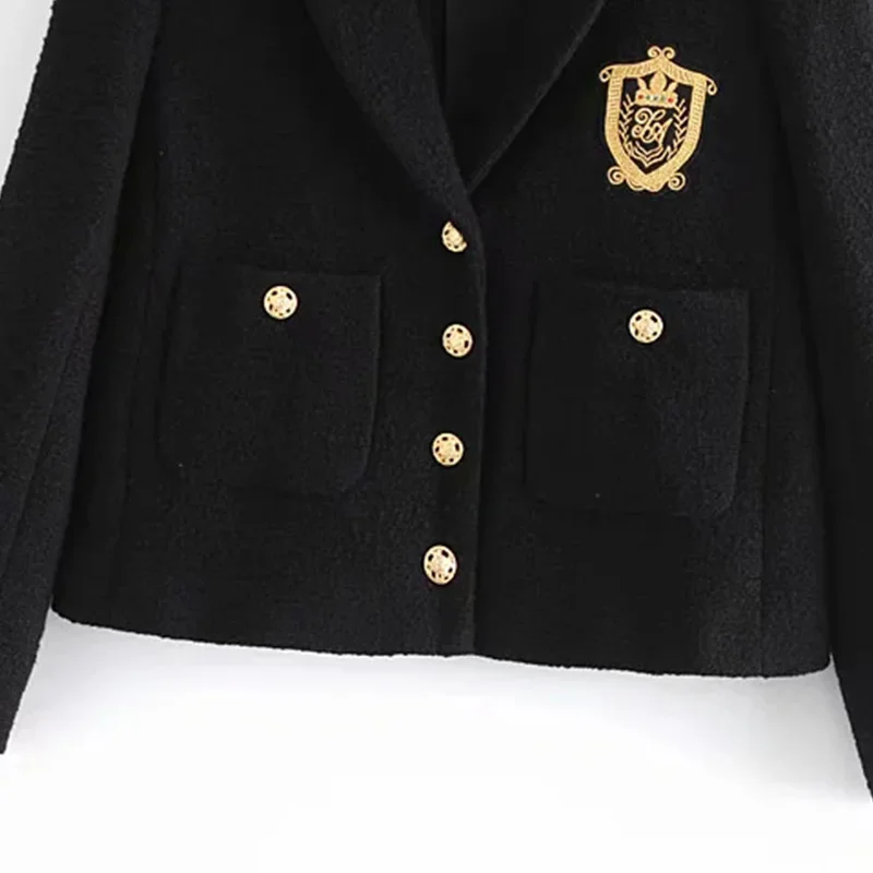 Women's Blazers Black Jackets Pockets Coats Traf Cropped Long Sleeves Pocket Office Formal Ladies Outfit Embroidery Outwear
