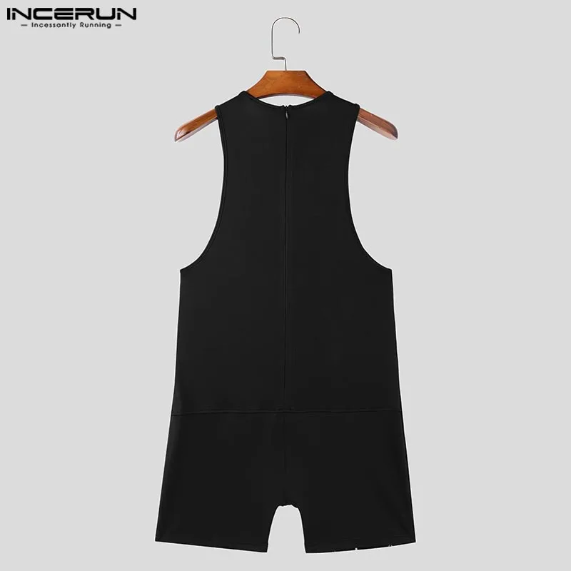 Men Bodysuits Sleeveless Solid Onesies Casual Comfortable Homewear Simple O-Neck Mesh Spilicing Loungewear S-3XL INCERUN