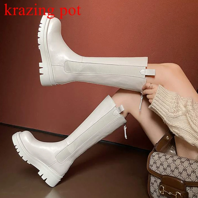 

Krazing Pot Cow Leather European Designer Round Toe Riding Boots Model Runway Show Keep Warm Winter Platform Thigh High Boots