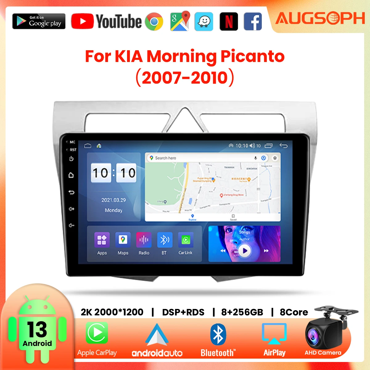 

Автомагнитола на Android 13 для KIA Morning Picanto 2007-2010,9 дюймов мультимедийный плеер с 4G WiFi Carplay и 2Din GPS
