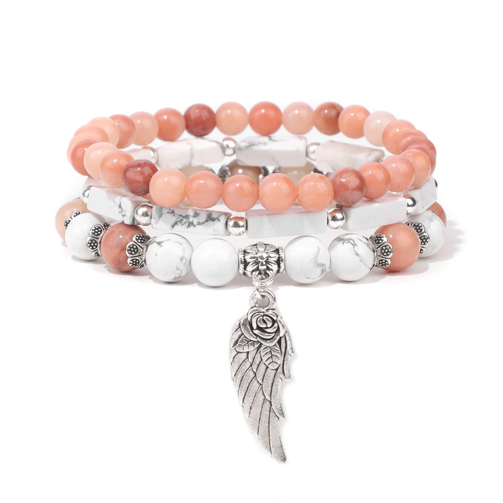 3 teile/satz Engel Flügel Charm Armbänder für Frauen Männer weiß Howlite Naturstein Feder Anhänger Glück Armband Meditation Schmuck – Detail 9
