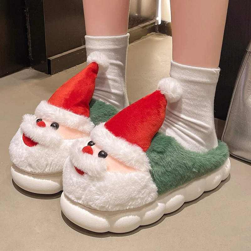 Thick Sole Fluffy Christmas Slippers Women Autumn Winter Thicken Plush Warm Cotton Slippers Woman Anti Slip Home Plush Slides