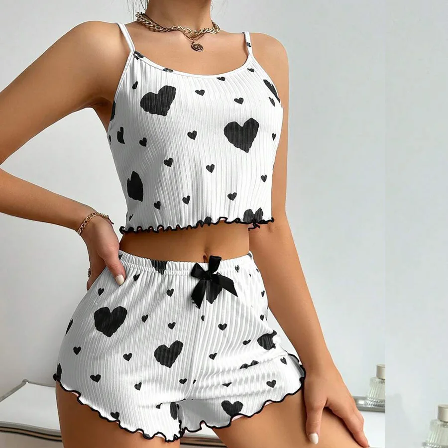 2 Pcs Women's Pajamas Set,Casual Sleepwear Printed Shorts Tank Tops And Shorts White Ventilate Soft Casual Love Printing Suits
