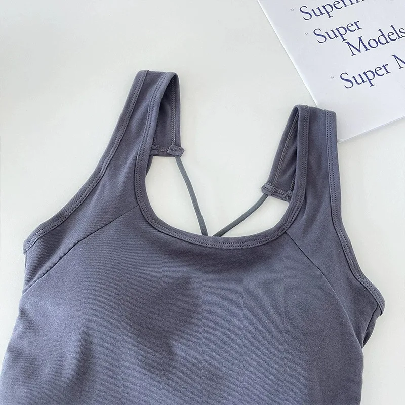 Solid Tank Top for Women Cross-sling Short Vest Sports Tank with Built in Bra One-piece Sleeveless Slim Fashion Crop Top Female