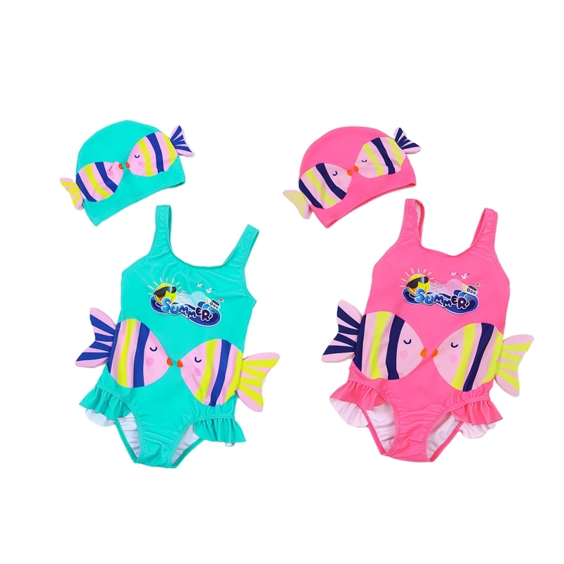 

Girls One Pieces Swimsuit Cute Swimwear Bathing Suits 1-7 Years Breathable Girls Swimwear with Swimming Cap