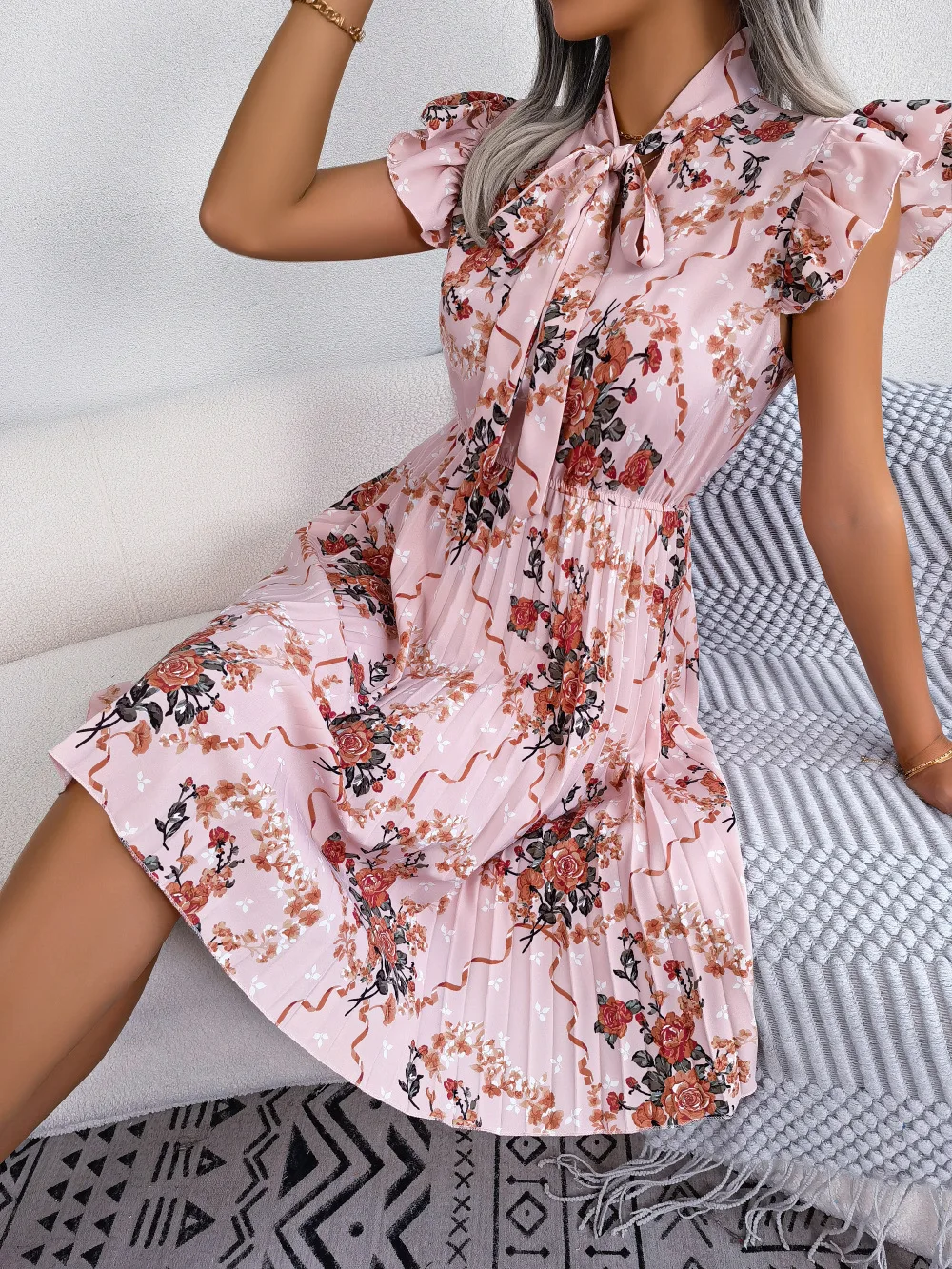 

Boho Dress For Women Elegant Floral Print Bow Slim Waist Pleated Dress For Summer Female Mini Dresses 2023 Sportswear