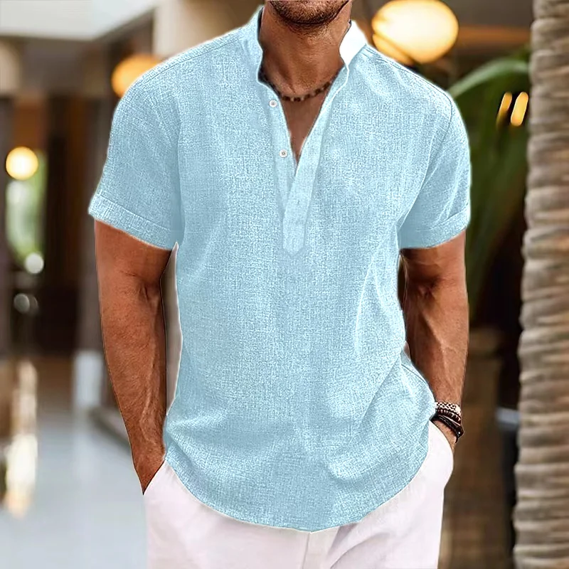 Henry shirt for men tie dye vintage short sleeve stand collar top sports casual lightweight men's wear