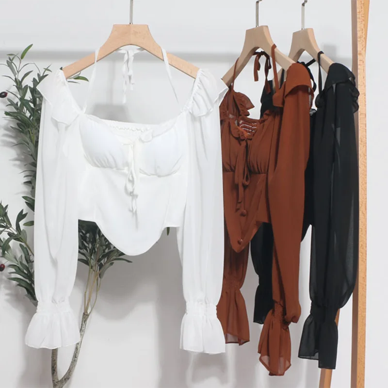

Женский топ с расклешенными рукавами, шифоновая блузка с квадратным вырезом и оборками, облегающая нестандартная короткая блузка в стиле Харадзюку с эластичным поясом и открытой спиной, 27722