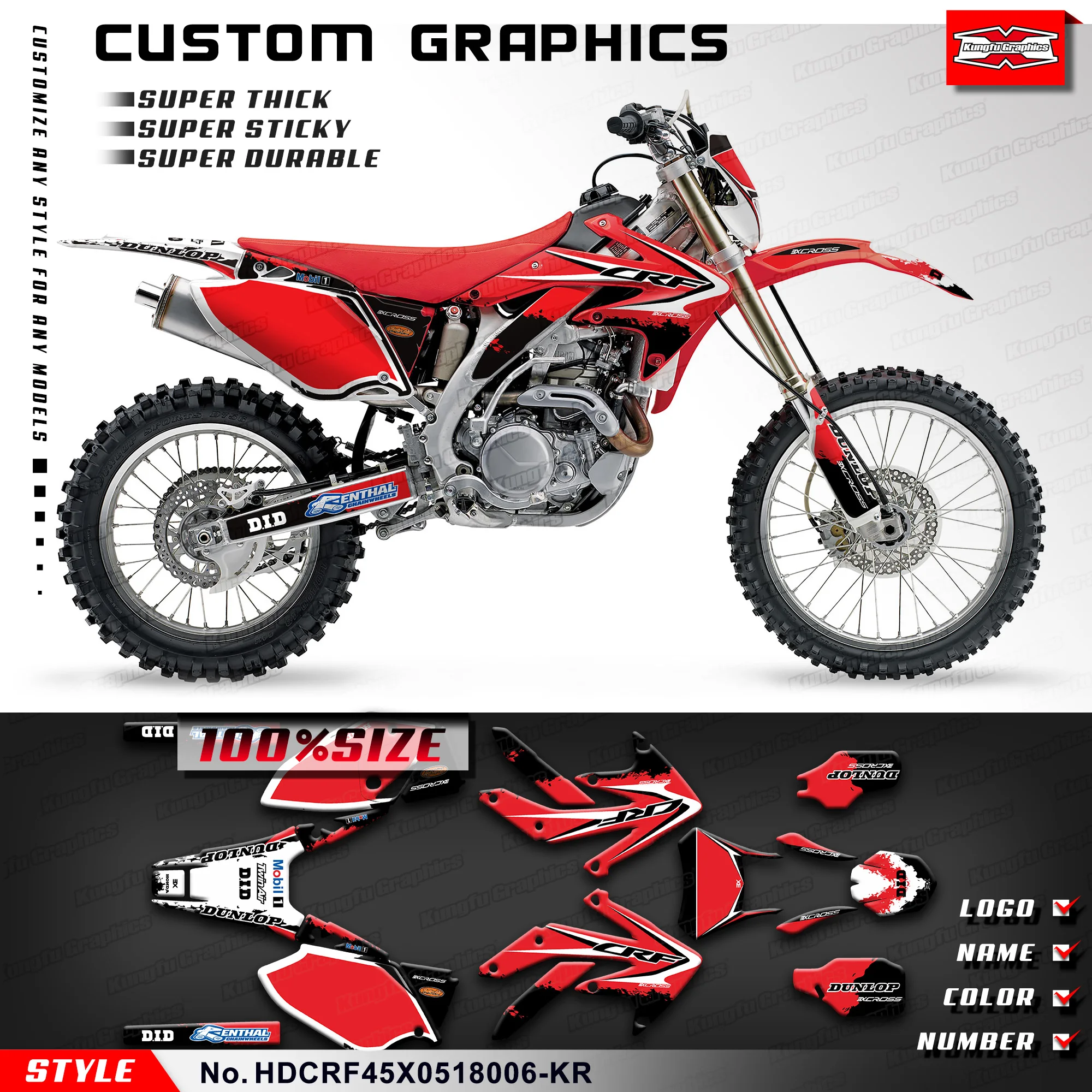 

KUNGFU, графические ламинированные наклейки для мотоциклов Honda CRF450X 2005-2018, HDCRF45X0518006-KR