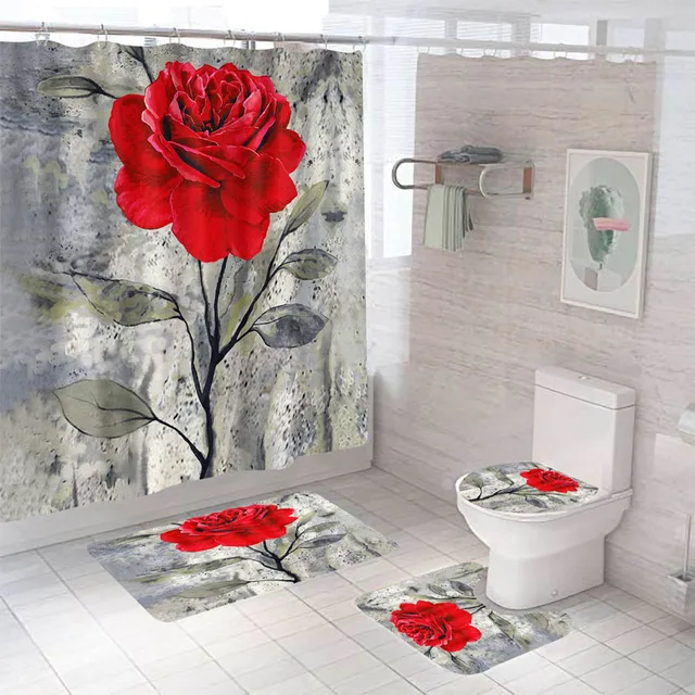 Rose Flower Shower Curtain Set Non-Slip Rugs Bath Mat Toilet Lid Cover and 12 Hooks Waterproof Polyester Bathroom Decor J-4pcs- Full Set