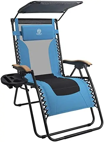 

Gravity Chair with Shade, 400lbs Capacity Mesh Back Padded Reclining Lounge Chair Plus Cup Holder, Table for Yard Lawn Blue Bag