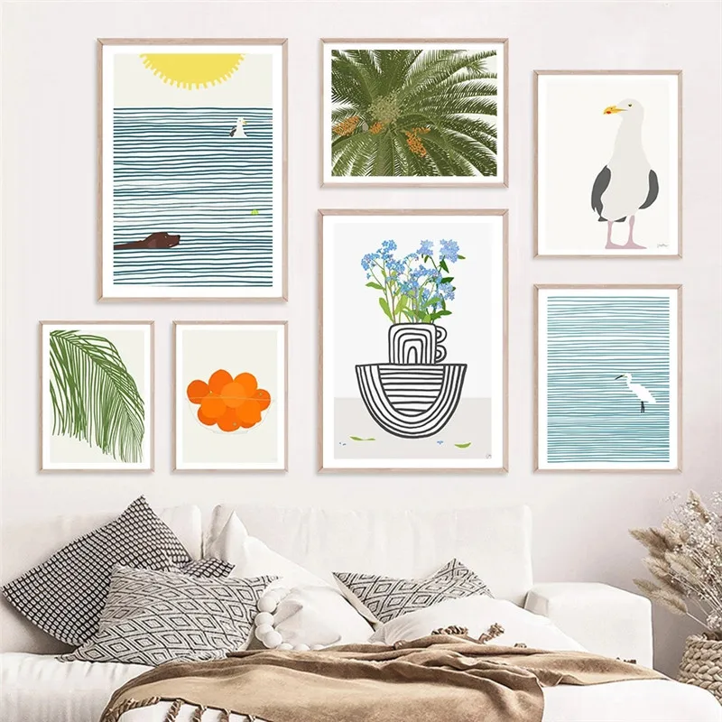 

Sea Bird Seagull Palm Leaf Sailboat Minimalist Wall Art Canvas Painting Poster Pictures for Living Room Decoration Home Decor
