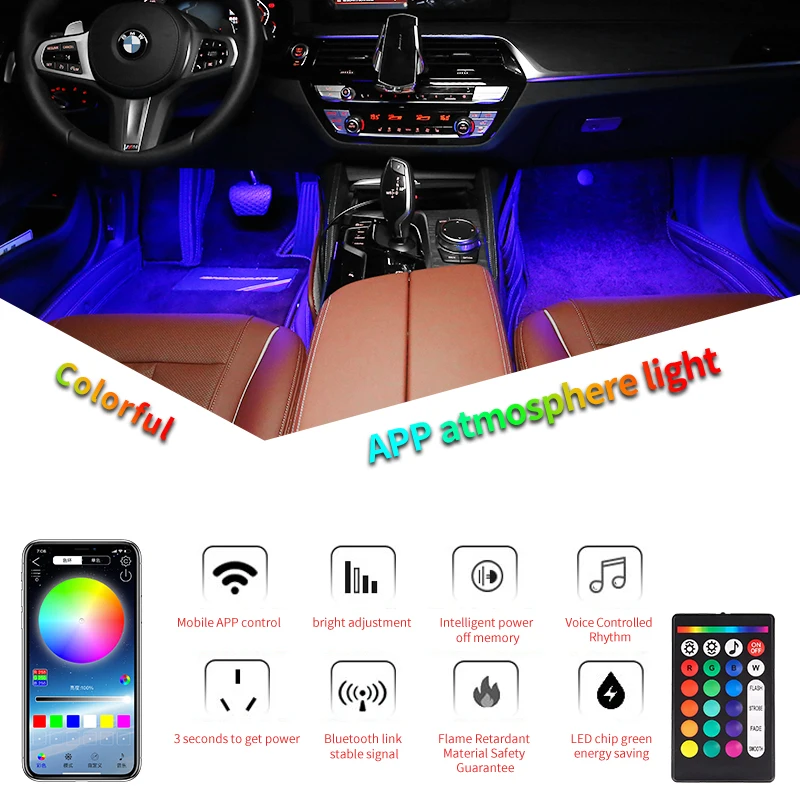 2pcs Led Car Foot Ambient Light USB Cigarette Lighter Backlight Music Control App RGB Auto Interior Decorative Atmosphere Lights