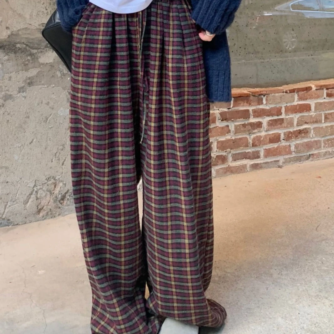 Fashion Korean street plaid wide leg pants women autumn Japanese style high waist y2k personality casual floor mopping pants