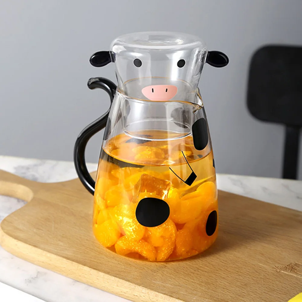 Cartoon Kettle with Cup Lovely Cow Shape Glass Kettle Tea Pot