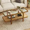 Rattan Coffee Table, 47.5" Rectangle Solid Wood Tea Table w/Tempered Glass Tabletop & PE Rattan Storage Shelf 1
