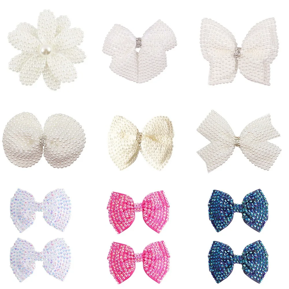White Pearl Hair Bows With Hair Clips For Girls Kids Boutique Layers Bling Rhinestone Center Bows Hairpins Hair Accessories