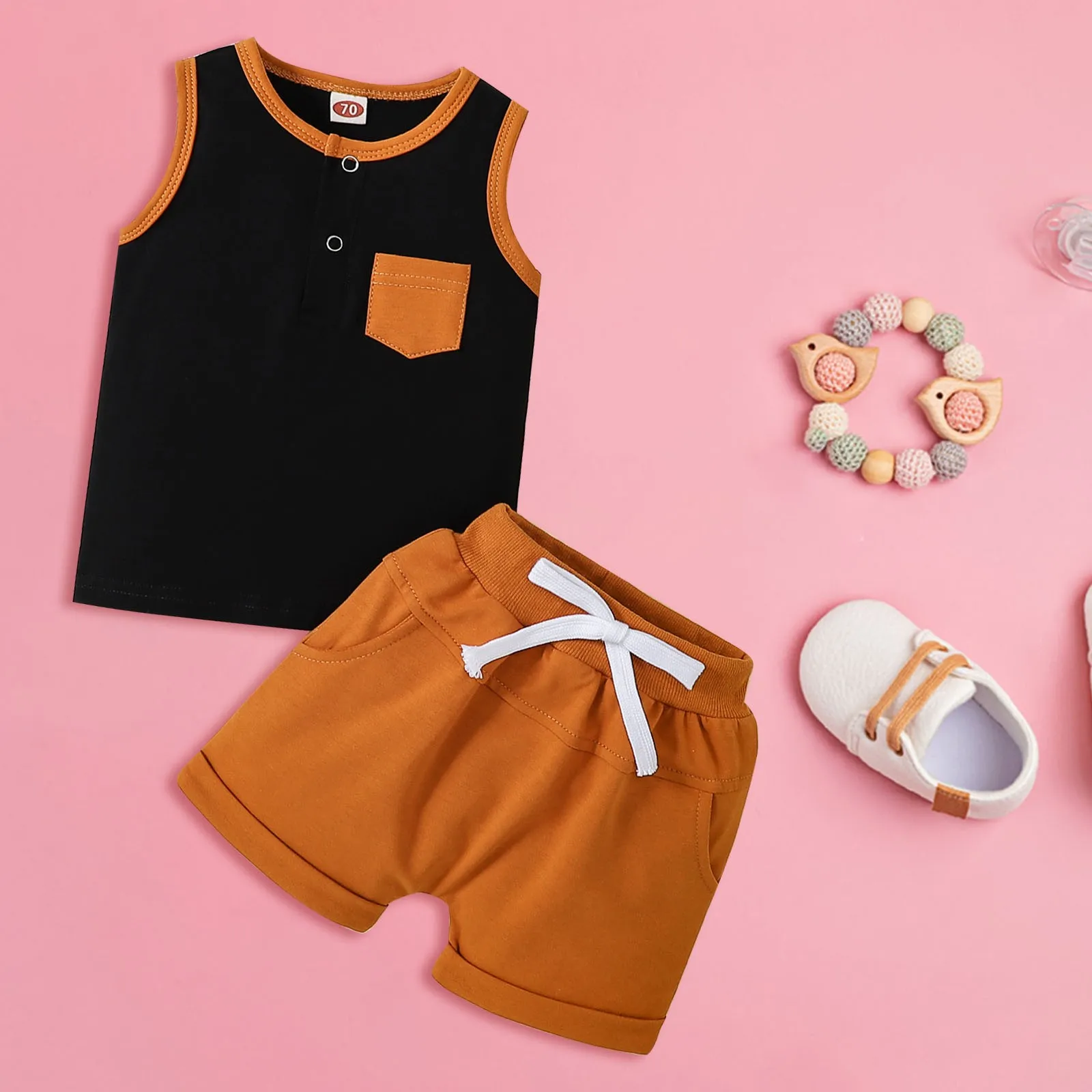 

Infant Baby Boys Short Sets Patchwork Sleeveless Vest Tops with Pocket + Shorts 2pcs Summer Outfits for Toddler 6 12 24 36M