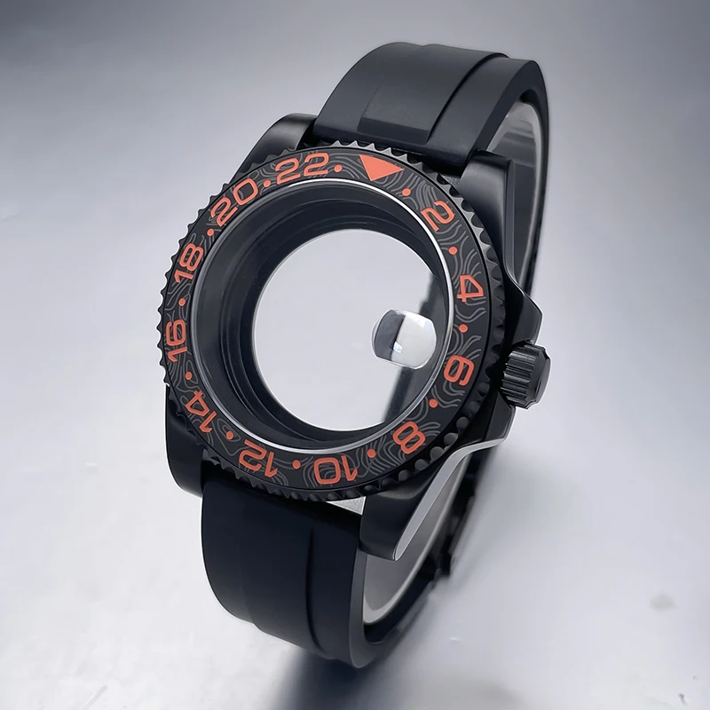 All-Black Sub Style Watch Case with Rubber Strap and Sapphire Crystal