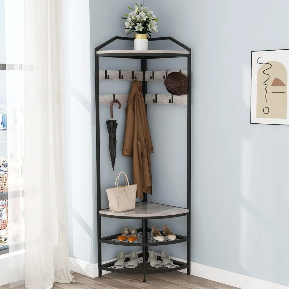 GiftGo Modern Black Entryway Corner Hall Tree with Shoe Bench Entryway Coat Rack with 10 Metal Movable Hooks Wooden Clothes