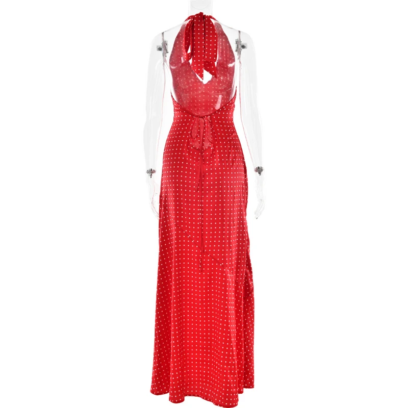 Absobe Polka Dot Print Color Block Maxi Dress Elegant V Neck Halter Tie Slim Backless A Line Long Dress For Women Chic Partywear